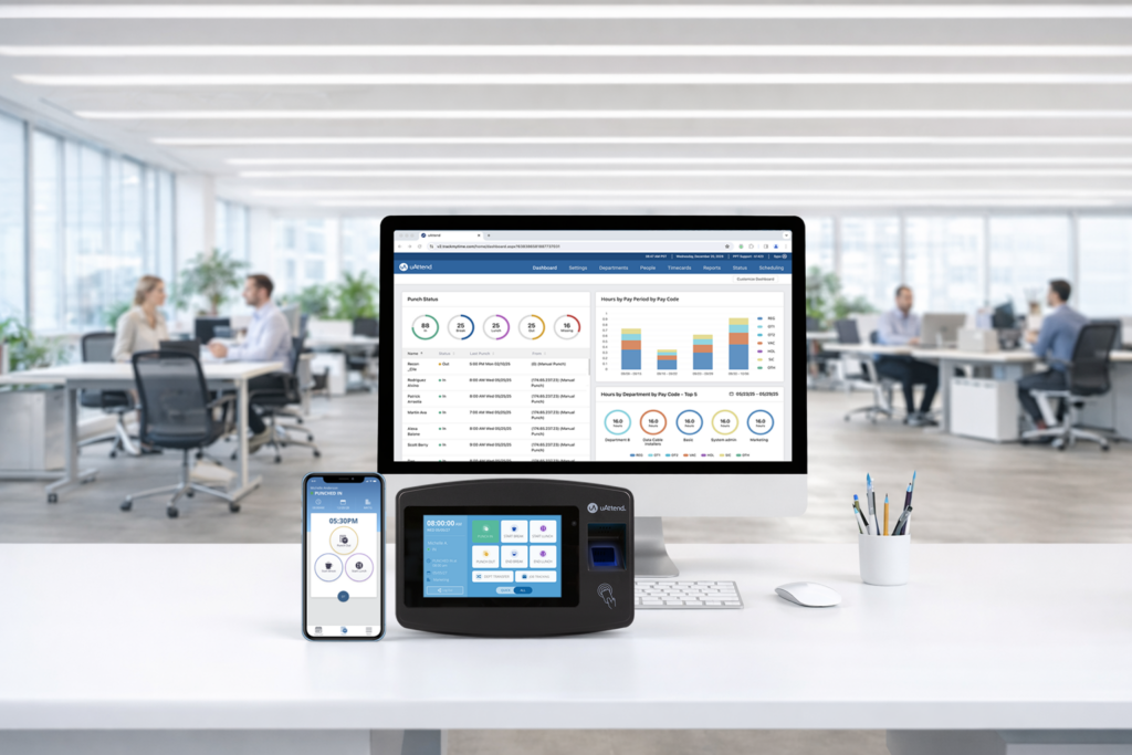 Payroll-integrated time and attendance clock system for employee time tracking