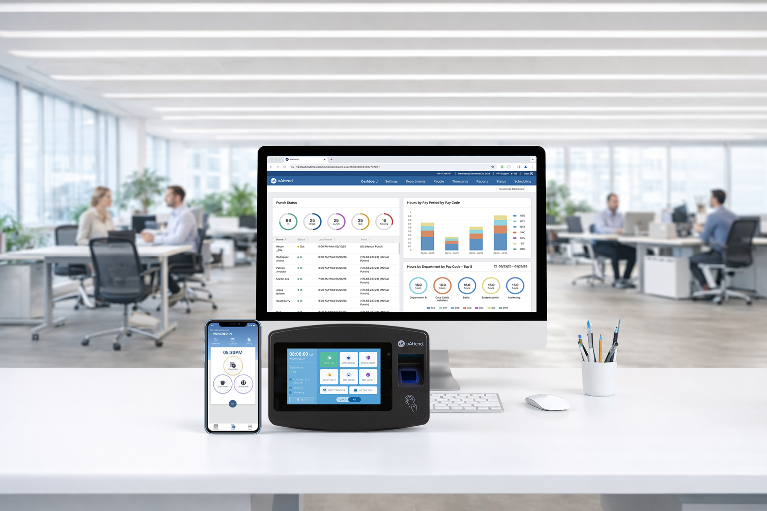 Payroll-integrated time and attendance clock system for employee time tracking
