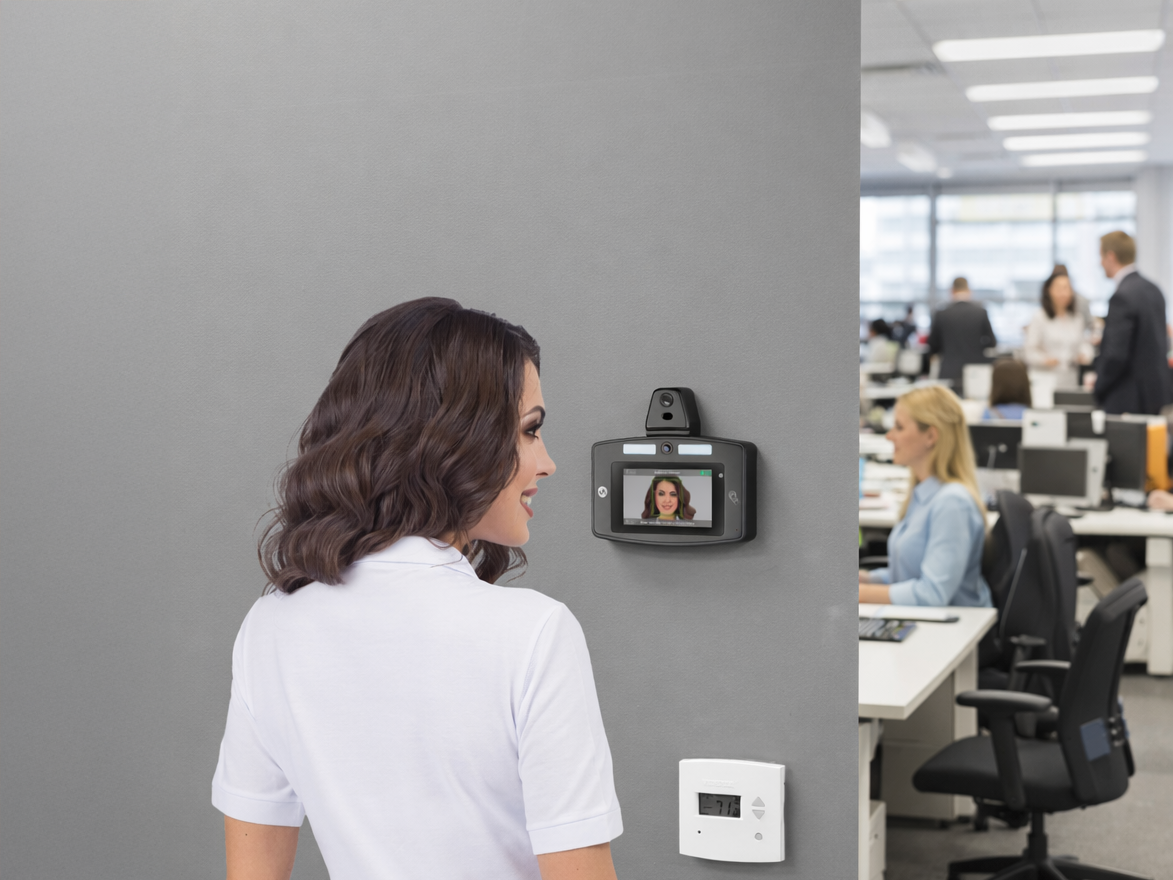 Employee using facial recognition time clock before entering the office