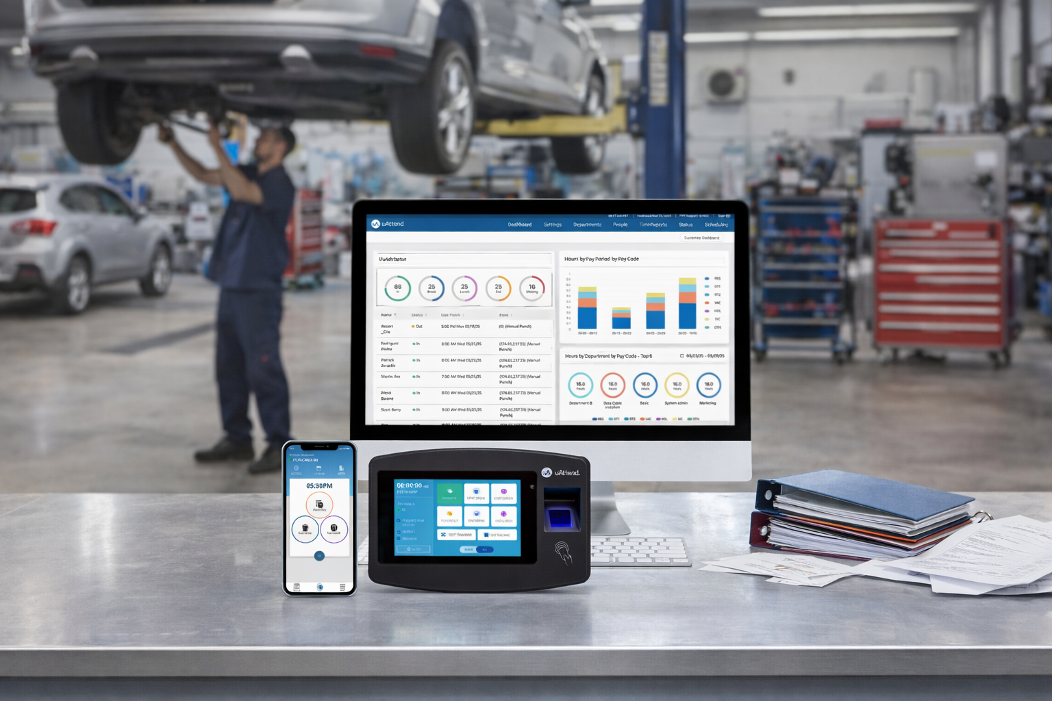 Auto body shop with a workforce management time clock in the foreground